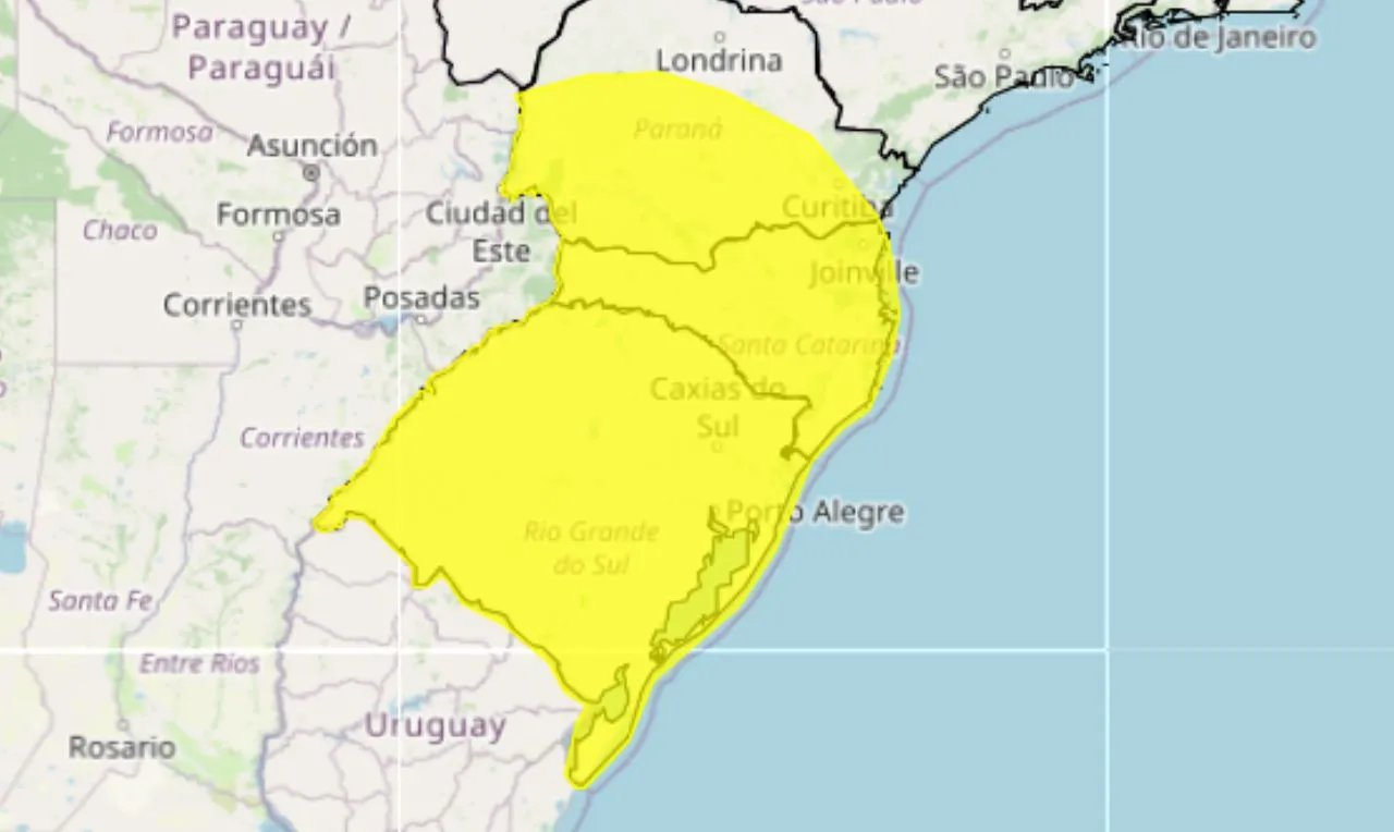 O mapa mostra &agrave;s &aacute;reas em alerta para queda de temperatura